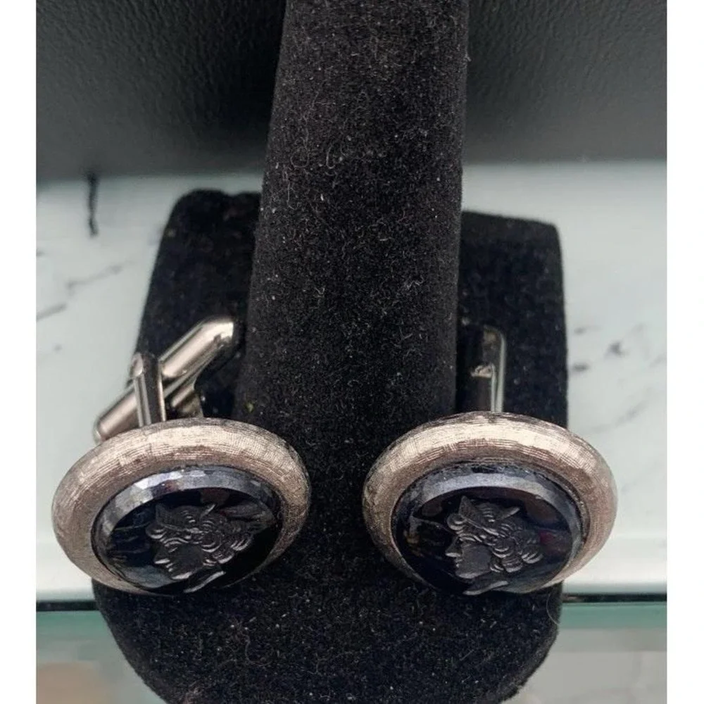 Vintage Swank Silver Tone & Black Carved Roman Cameo Cufflinks Signed